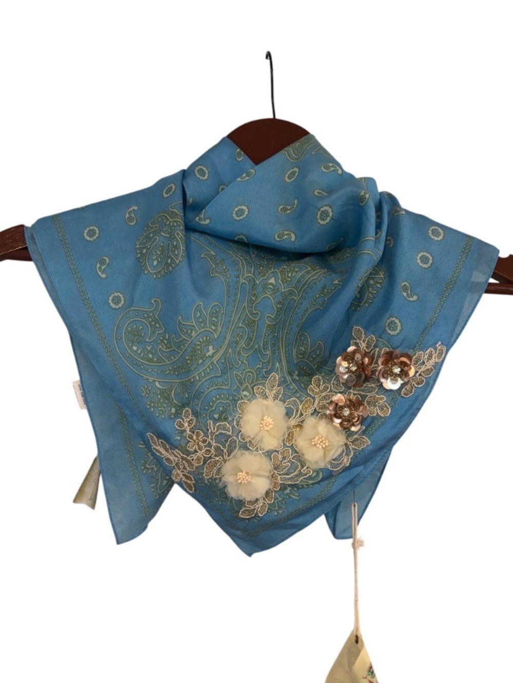 Aratta Silent Journey Silk Bandanna Print Embellished Scarf NWT